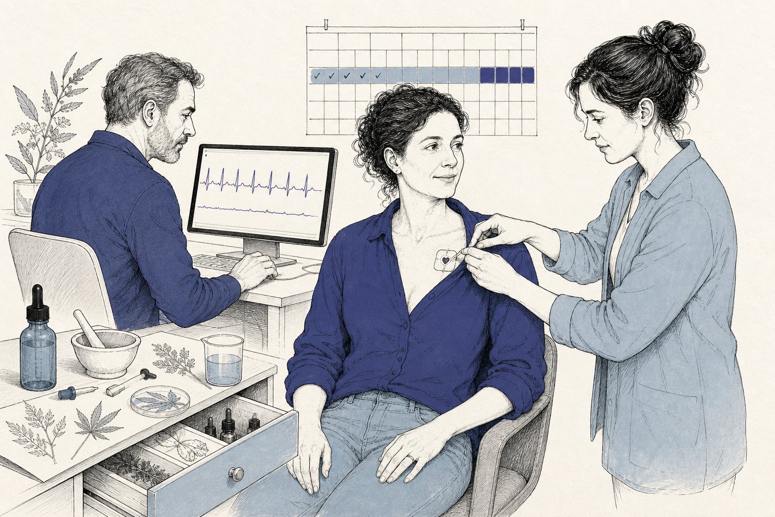Onderzoeker plakt een ecg-pleister op de borst van een deelnemer terwijl een collega het hartritme afleest