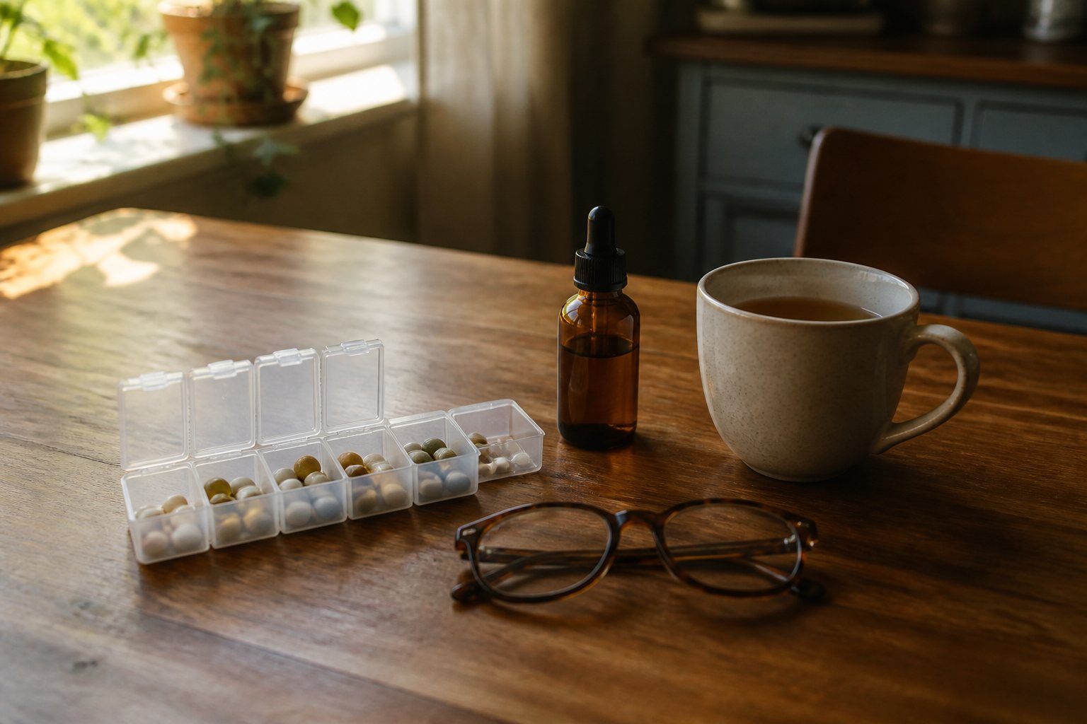 Weekdoos met medicijnen, een bruin druppelflesje, een leesbril en een kop thee op een houten keukentafel in ochtendlicht