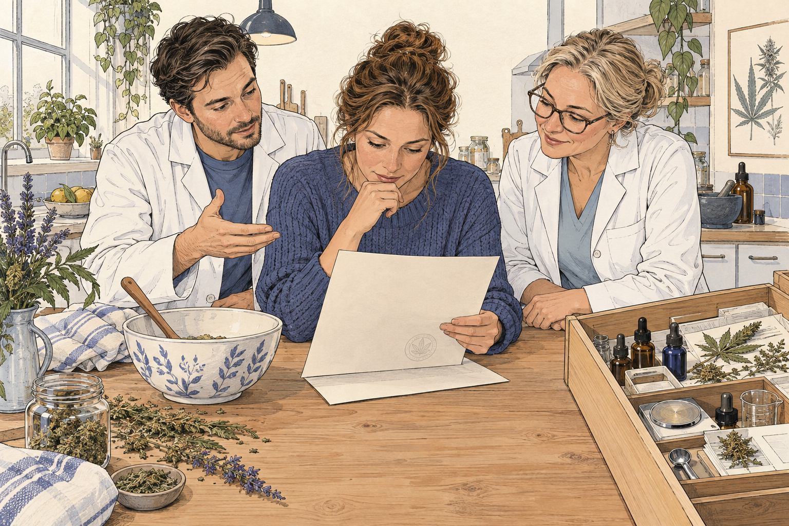 Iemand leest een officieel vergunningsdocument aan een keukentafel met een mengkom en gedroogde kruiden ernaast